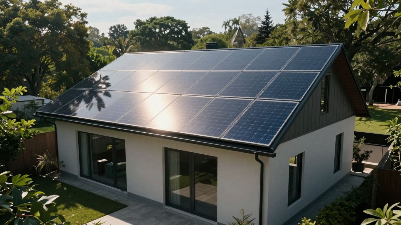 Maison avec toit solaire moderne sous un ciel ensoleillé.