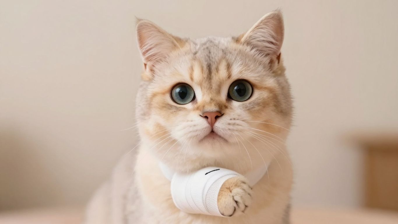 Cat with a small bandage on its paw.