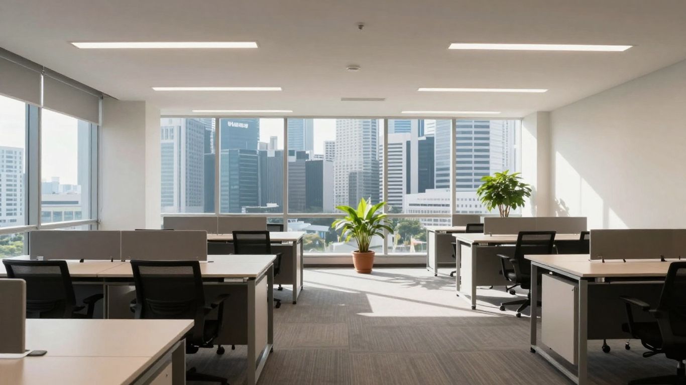 Empty office space in Singapore with city skyline view.