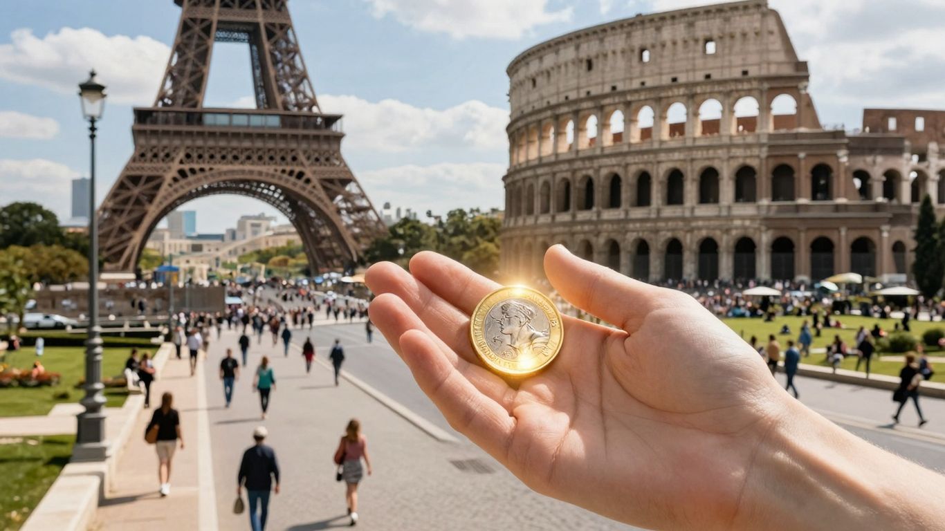 Clădiri europene iconice cu monedă aurie în prim plan.