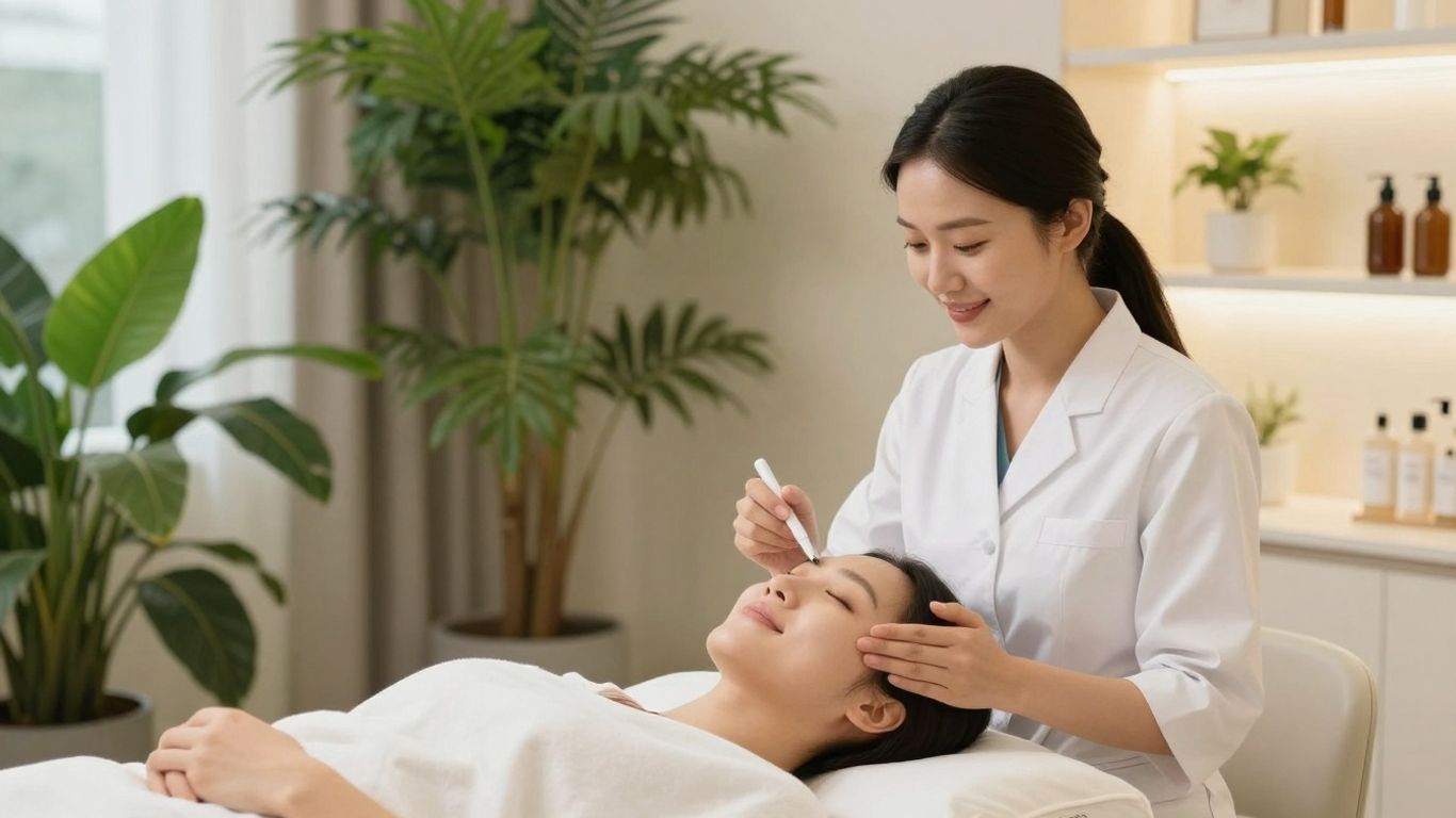 Medspa client receiving facial treatment with aesthetician.