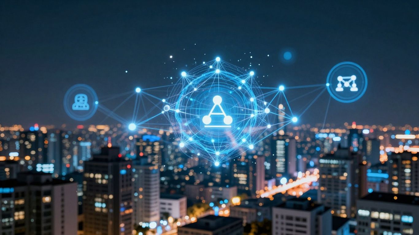 Futuristic cityscape with blockchain and smart contract elements.