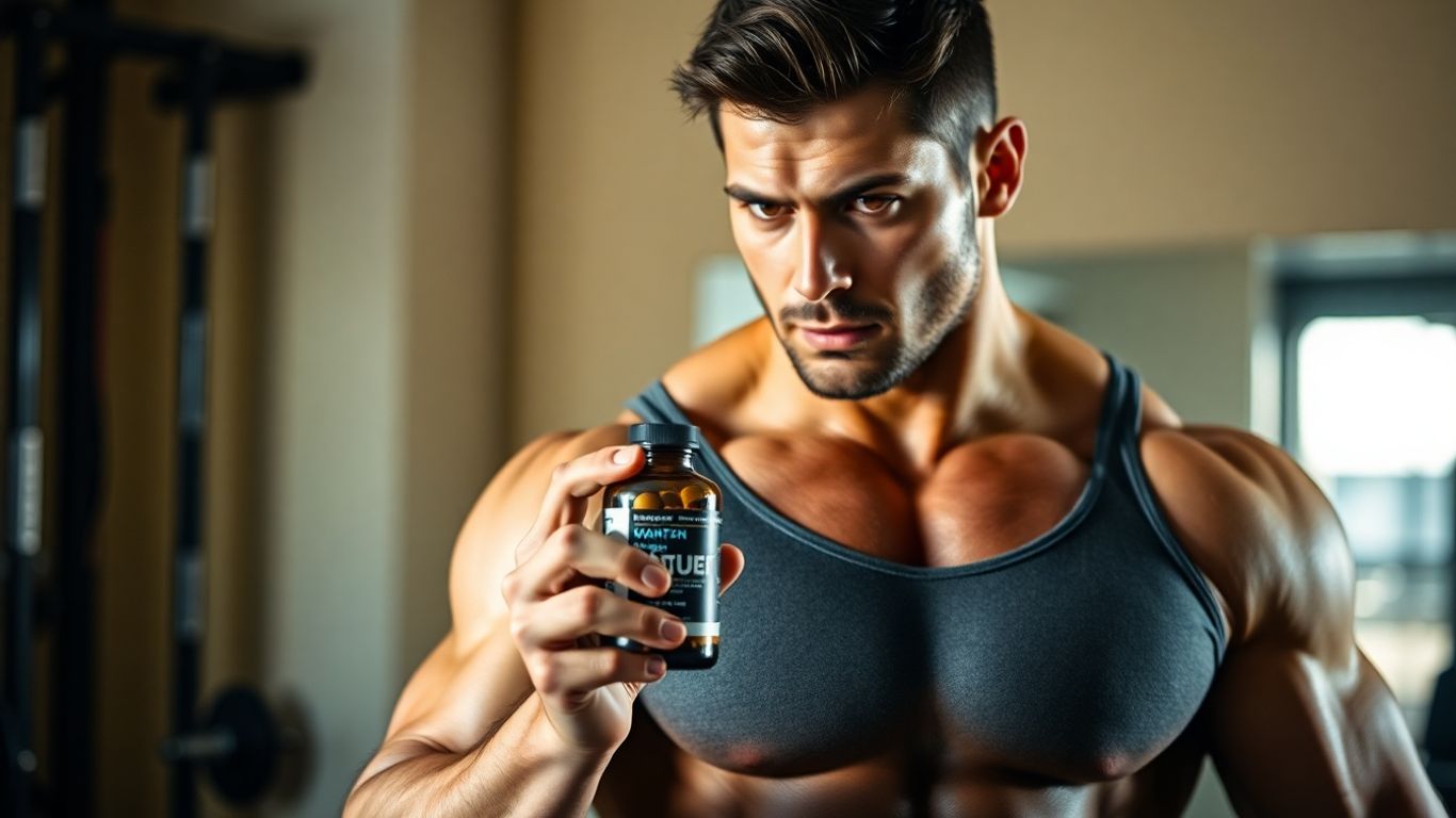 Bodybuilder with Aromasin bottle, gym setting.