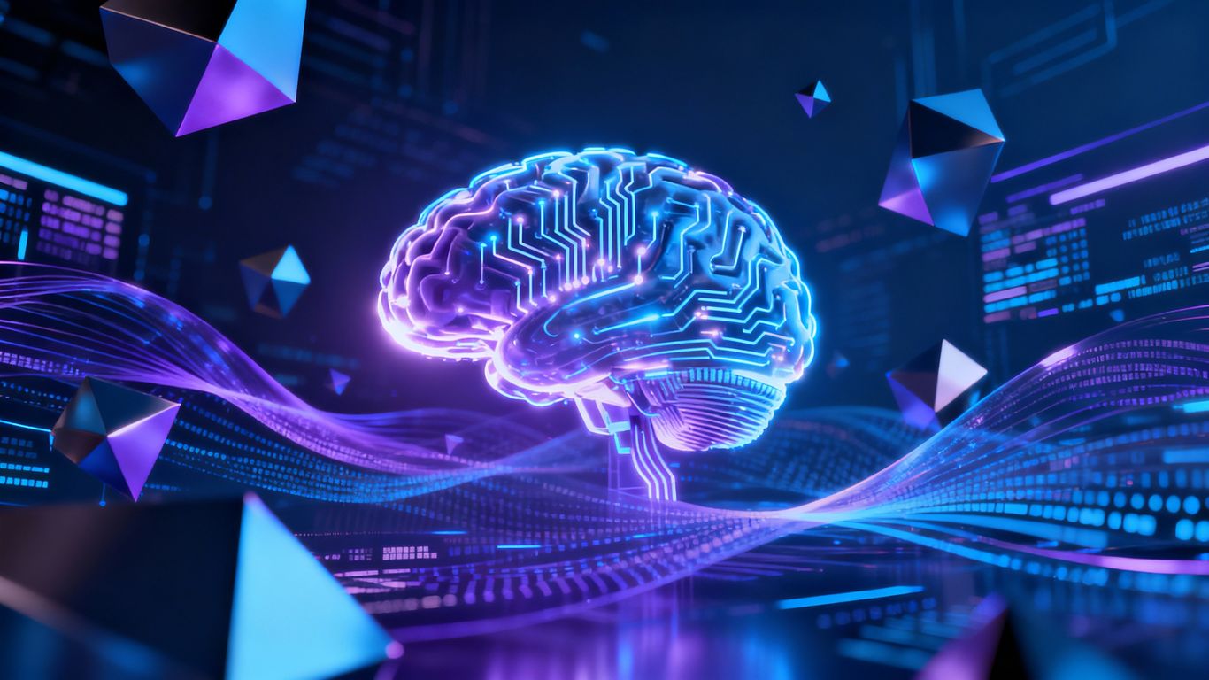 AI-powered marketing platform with glowing digital brain.