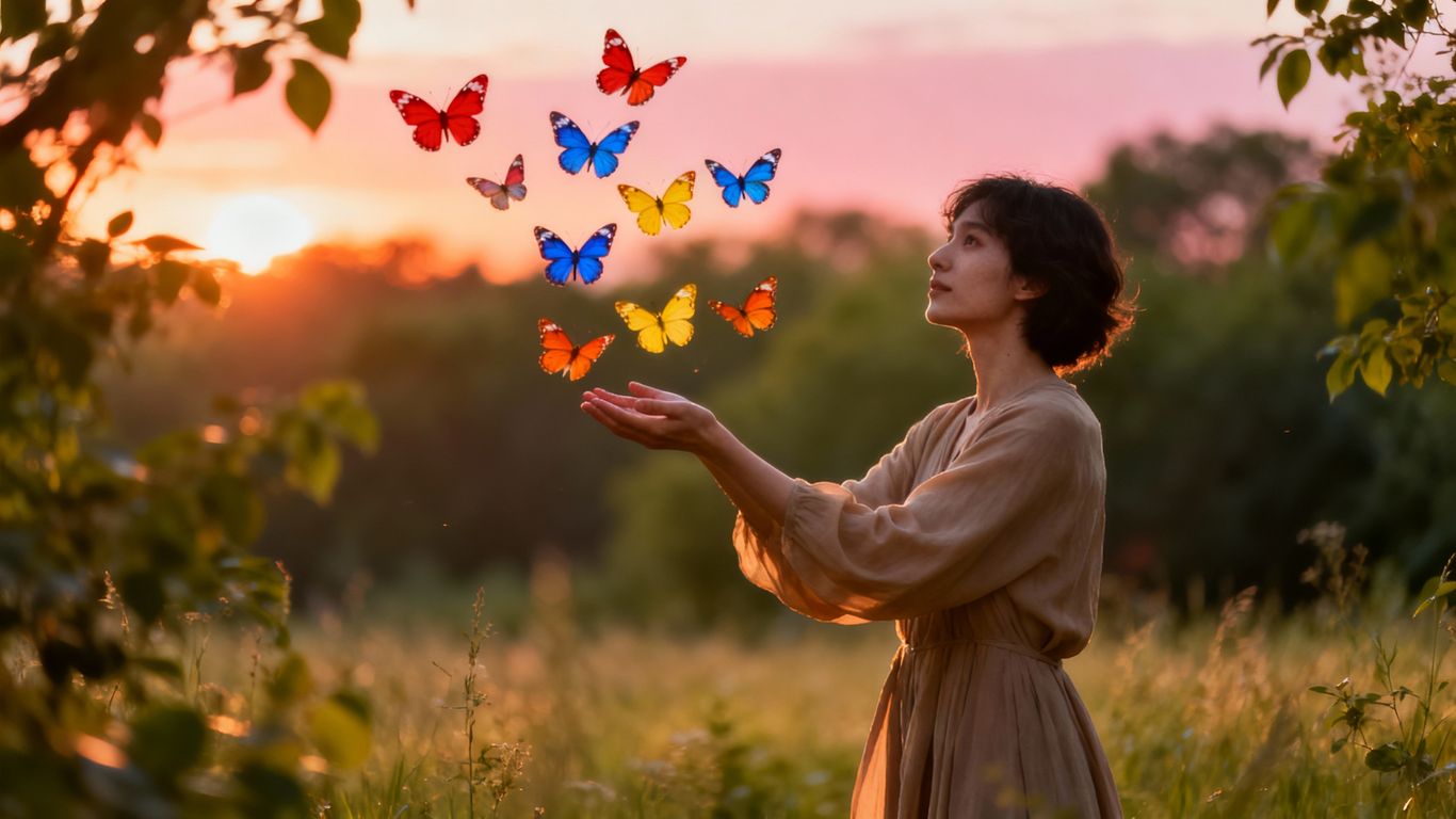 Person releasing butterflies into a sunset.