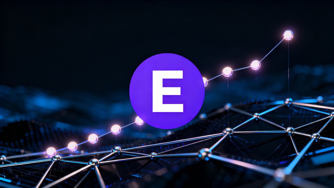 Ethereum logo with interconnected nodes and upward trend.