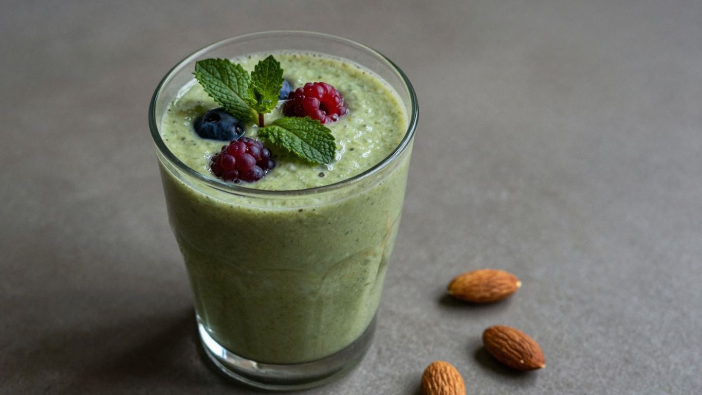 Healthy green protein smoothie with berries and almonds.