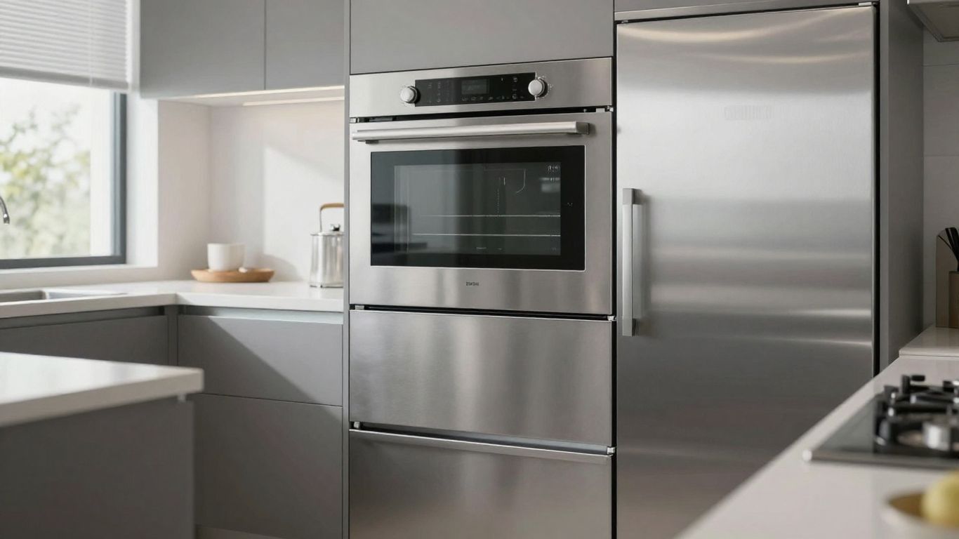 Modern kitchen with stainless steel oven and range.