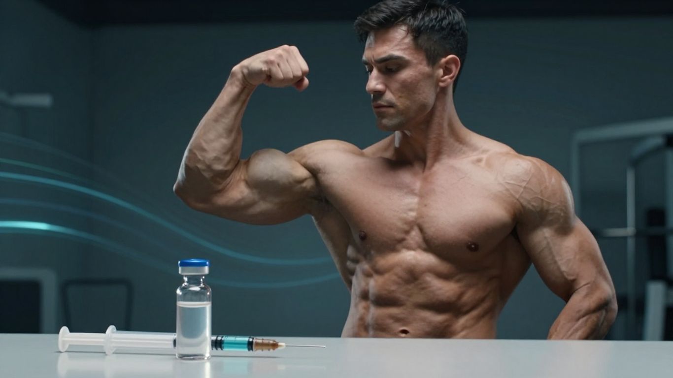 Bodybuilder with MOTS-c vial and syringe.