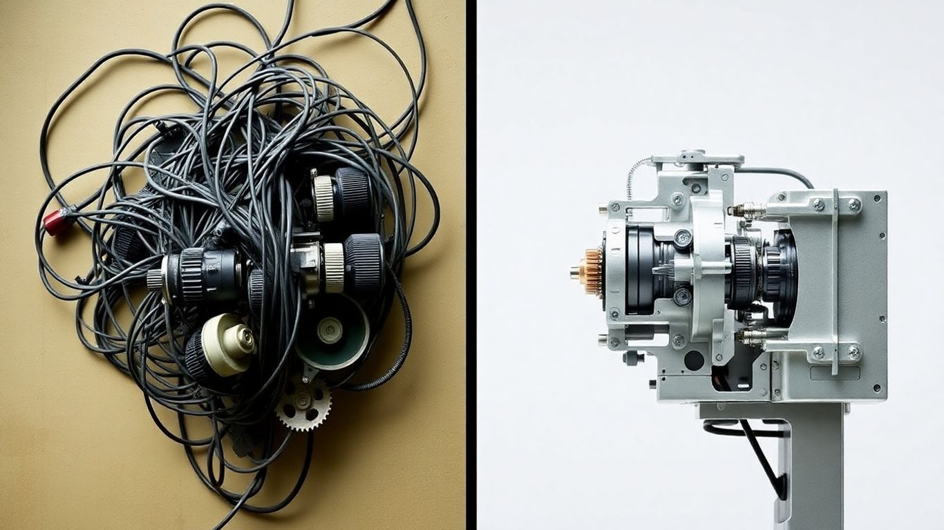 Tangled wires versus streamlined machine comparison.