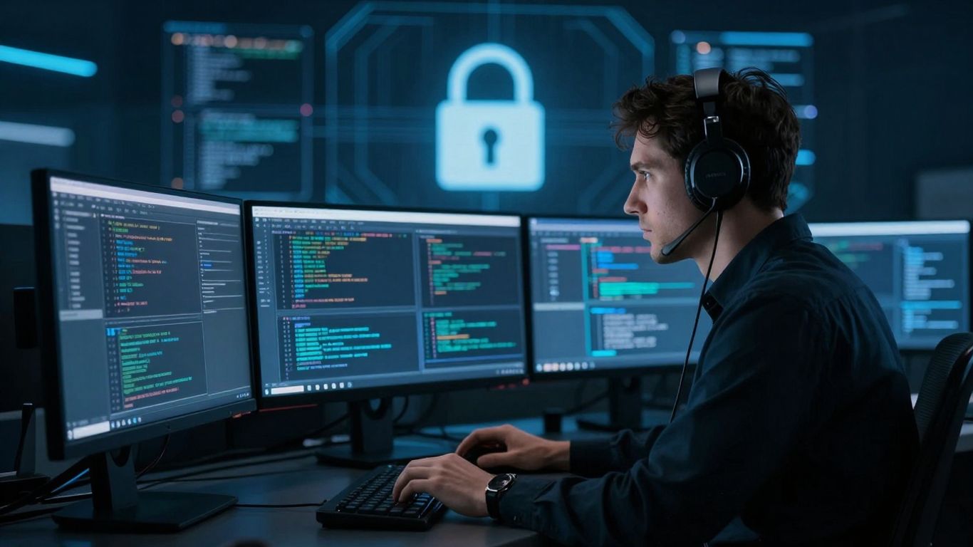 Cybersecurity professional working in a dimly lit, tech-filled office.