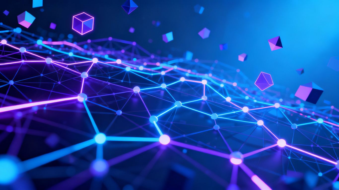 Ethereum network upgrade visual with glowing nodes and pathways.