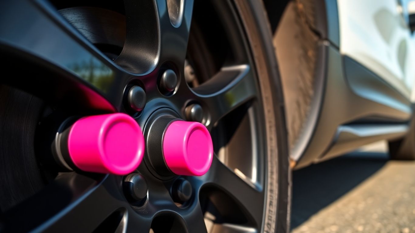 Car tire with bright neon pink tire caps