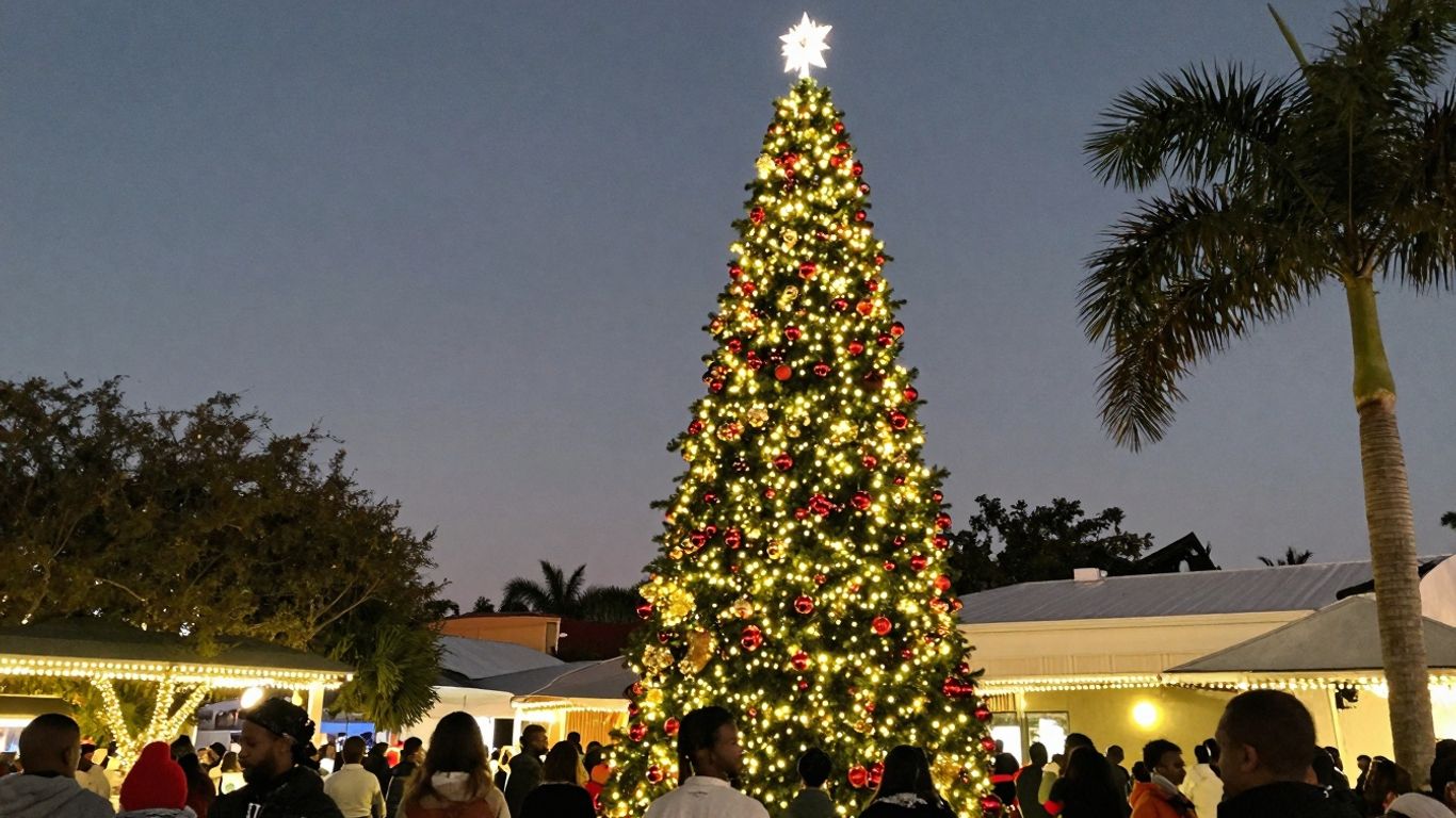 Cabo Christmas tree lighting ceremony at night.