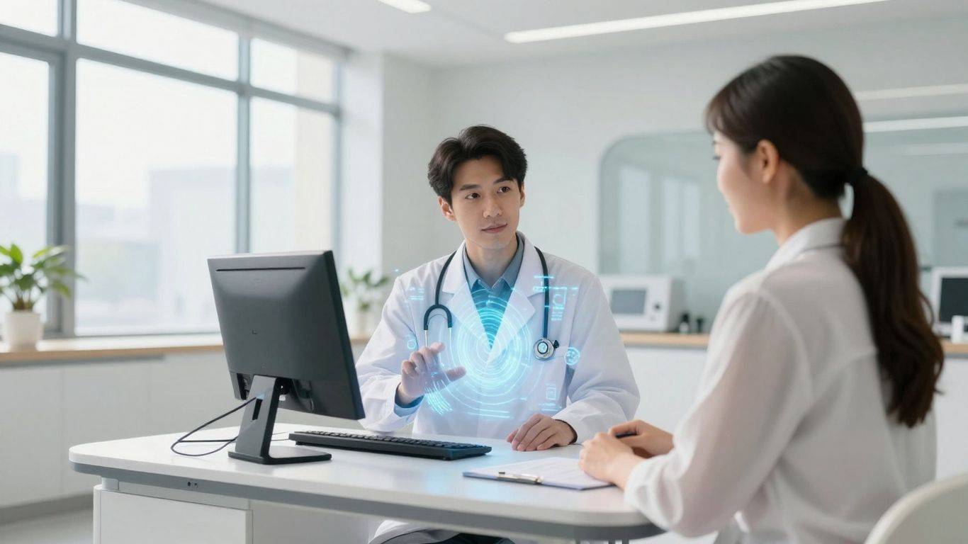 Doctor and patient using digital health interface in clinic.
