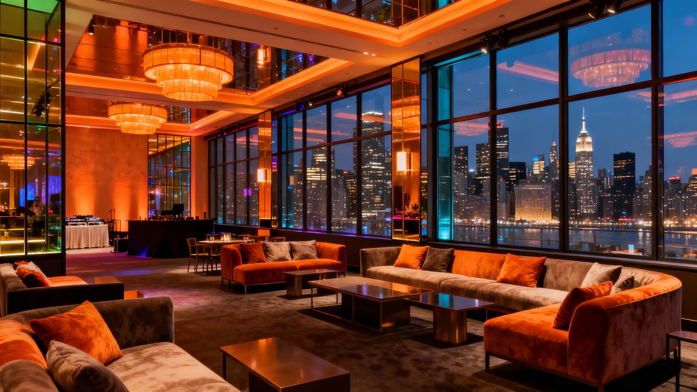 Modern event venue with city skyline view