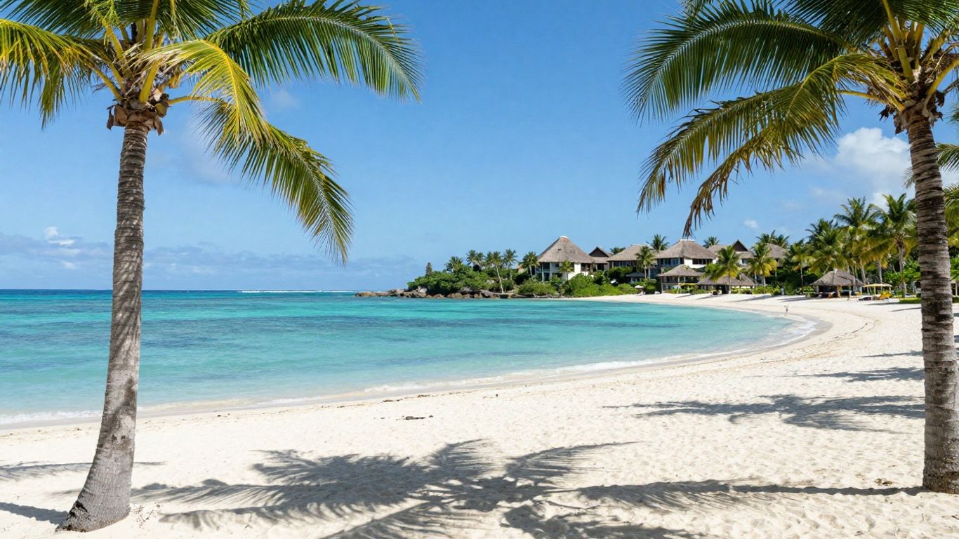 Tropical beach with palm trees and clear blue water.