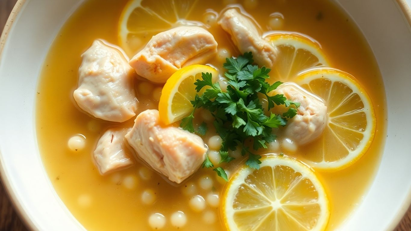 Bowl of lemon chicken orzo soup with chicken, orzo, and lemon.