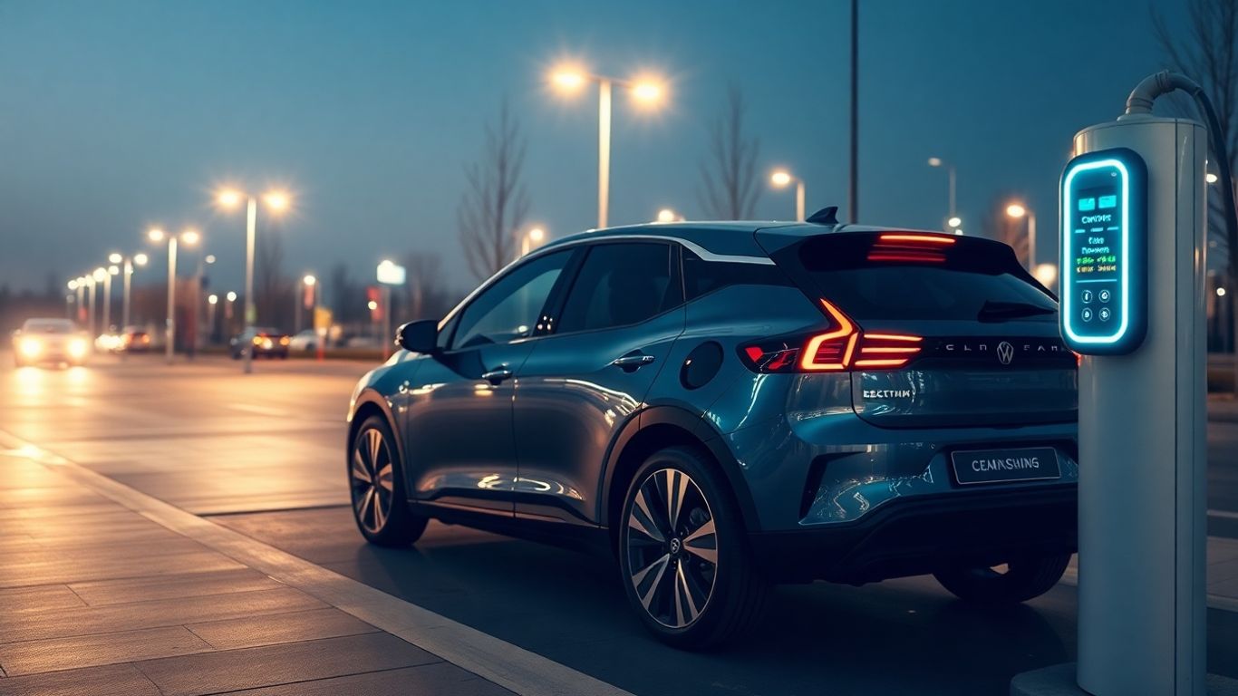 Electric car charging at a futuristic station.