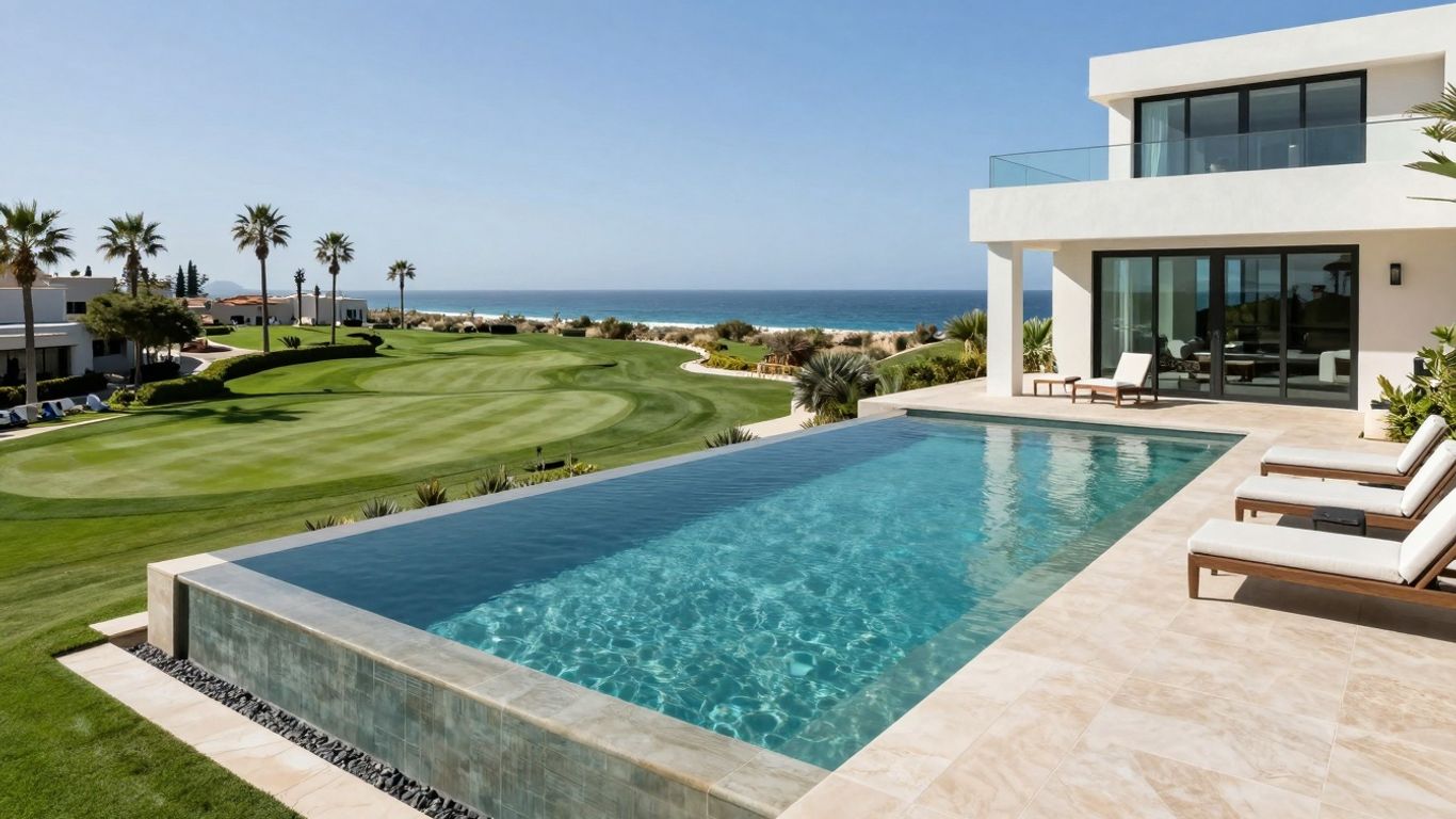 Luxury villa with infinity pool at Cabo golf resort.