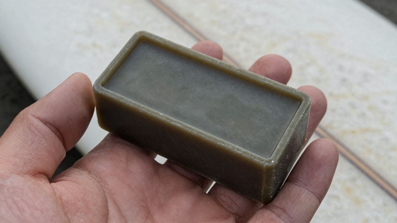 Hand hält Surf-Wax über Surfbrett-Deck