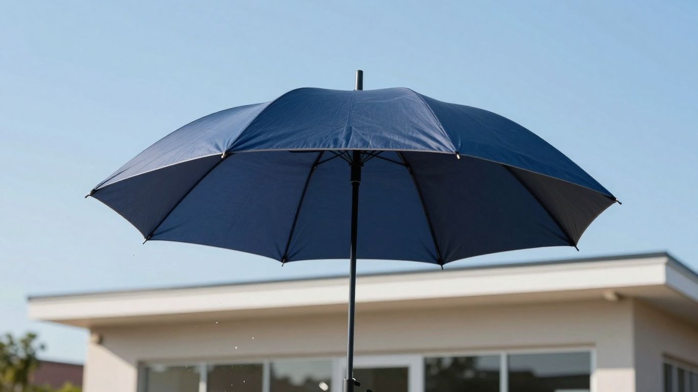Large umbrella protecting a business building from falling debris.
