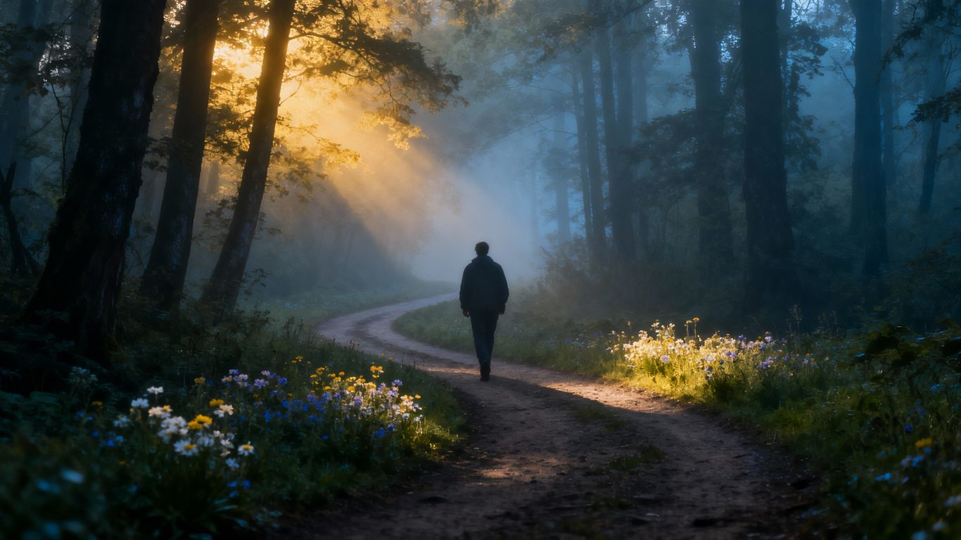 Person walking on a path through a forest.