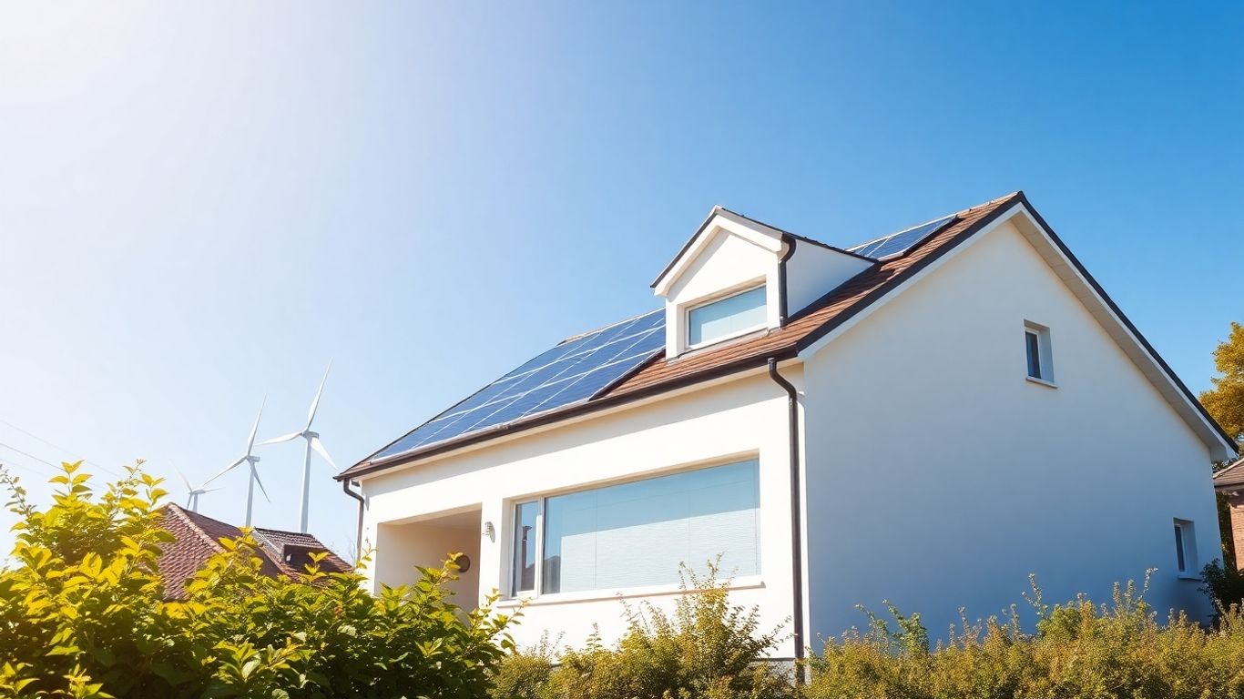 Casă modernă cu panouri solare și turbine eoliene