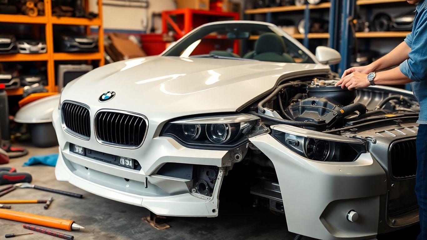 Mechanic restoring a BMW in a workshop.