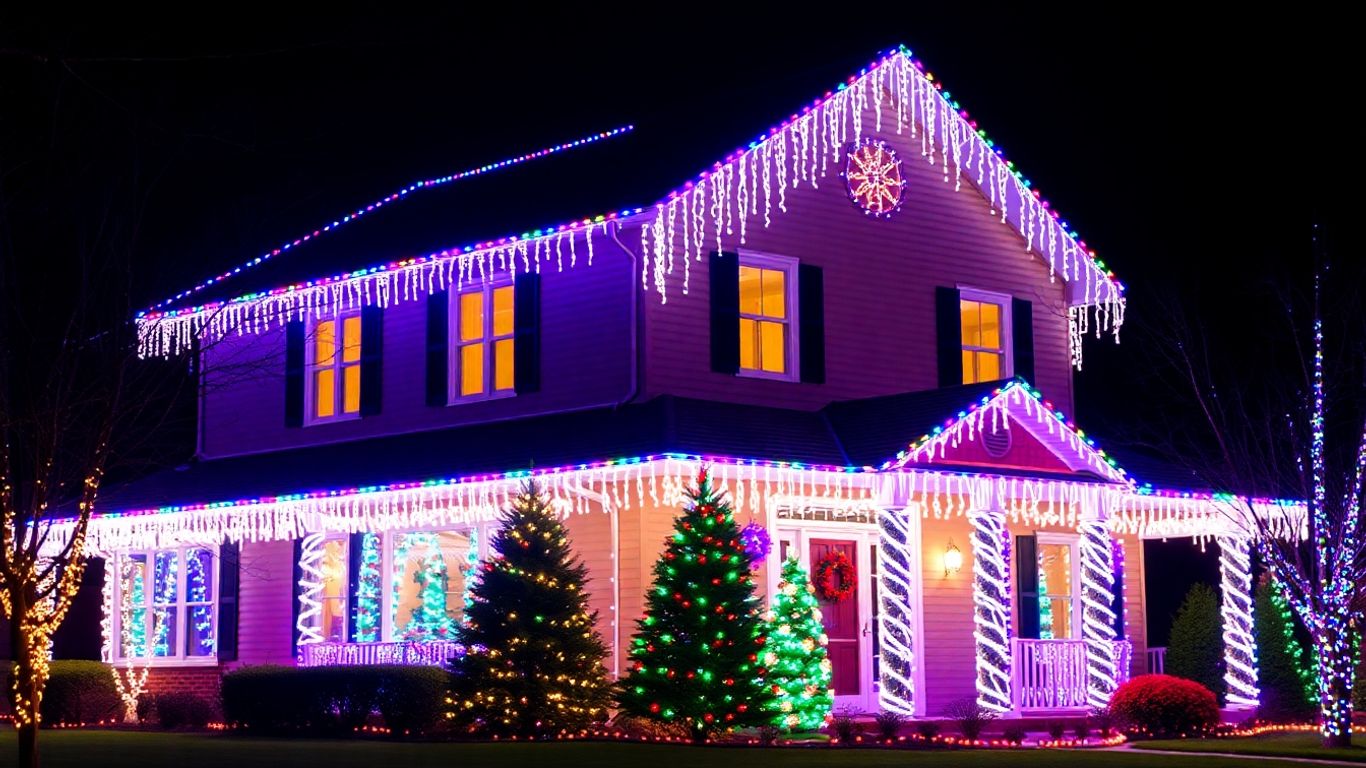 Festive Christmas lights illuminating a home at night.