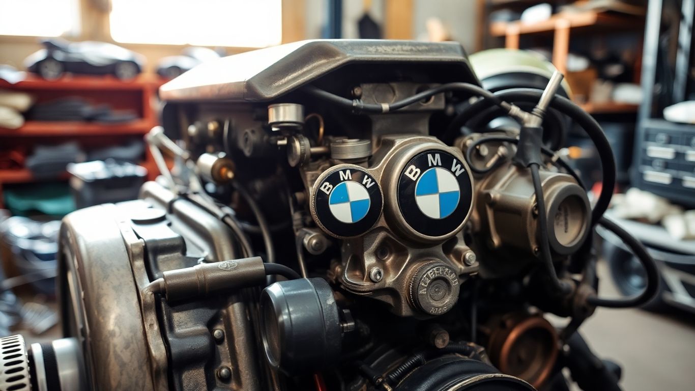 Disassembled BMW engine parts in a workshop.