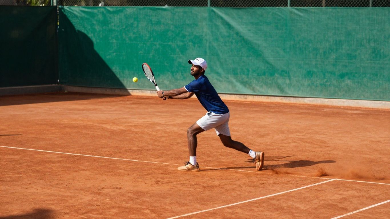 Jucător de tenis pe zgură, praf roșu ridicându-se.