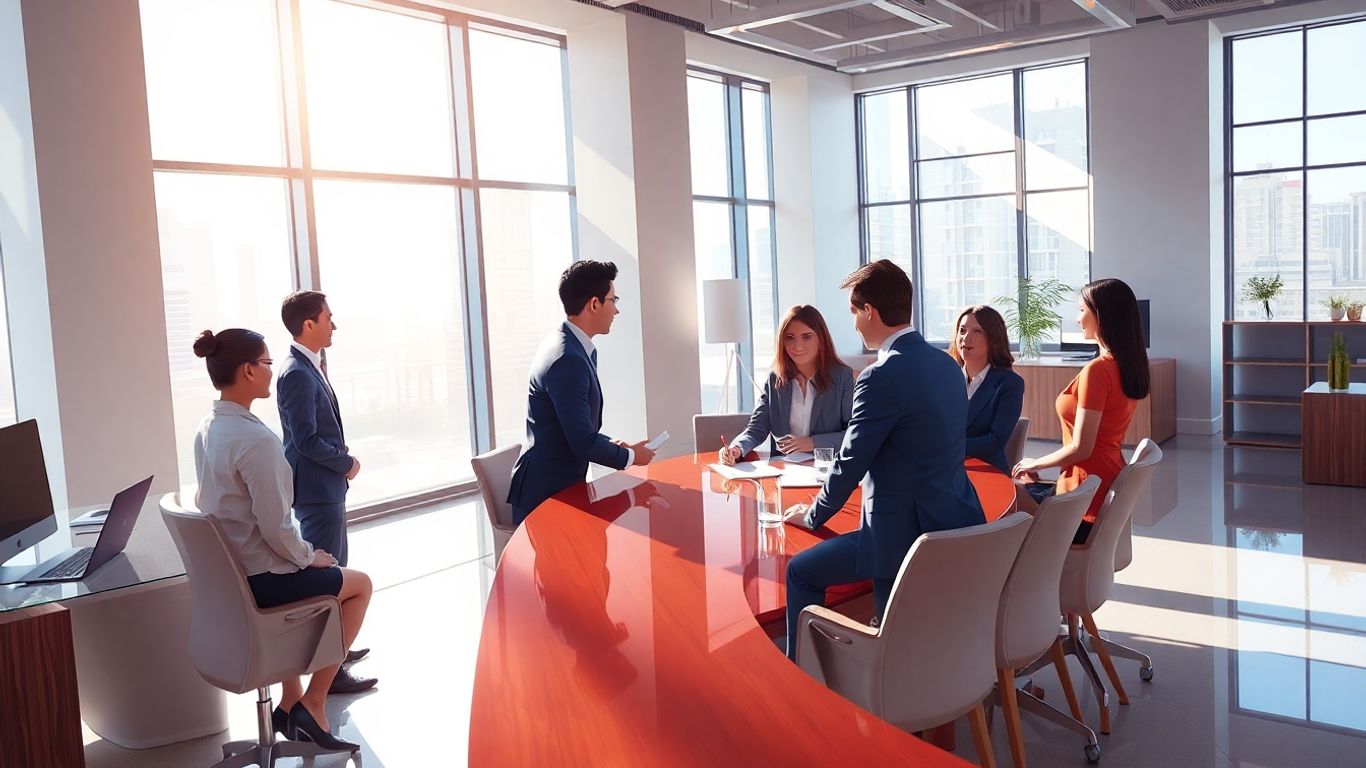 Family office professionals strategizing in a modern office.