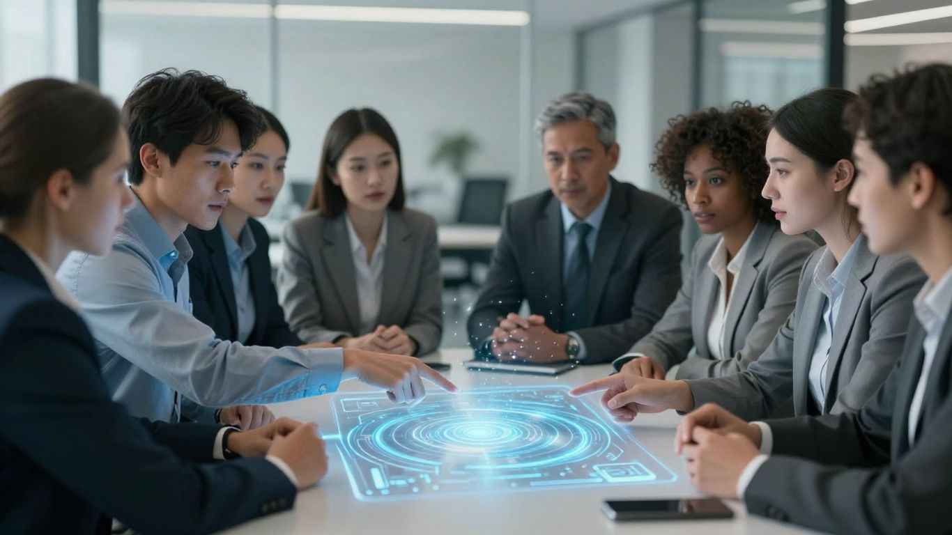 Team discussing IT strategy with digital interface.