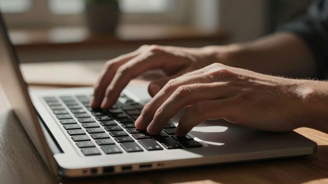 Hands typing on a laptop keyboard for blogging.