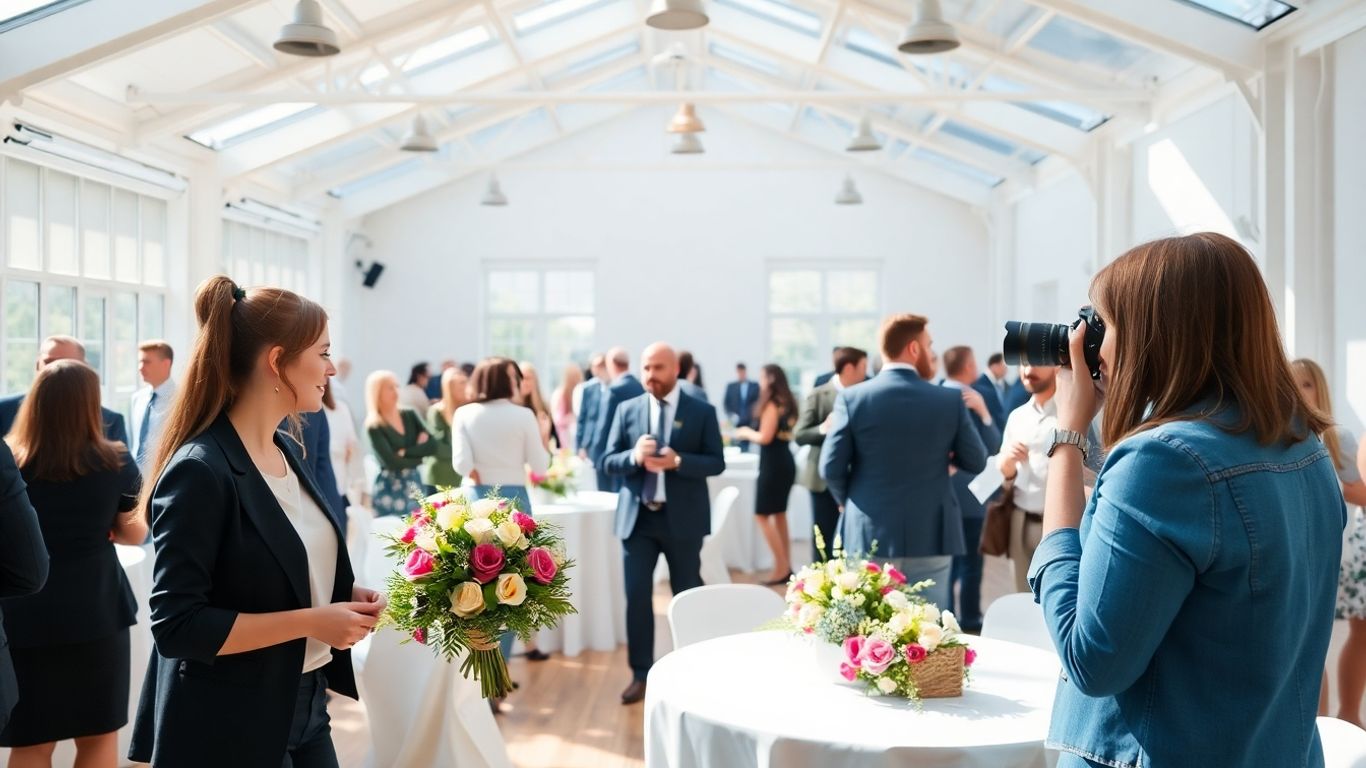 People enjoying a daytime event with flowers and photography.