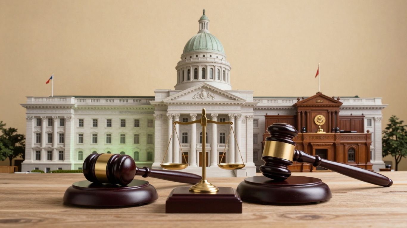 Clădire guvernamentală divizată, simbolizând separarea puterilor.