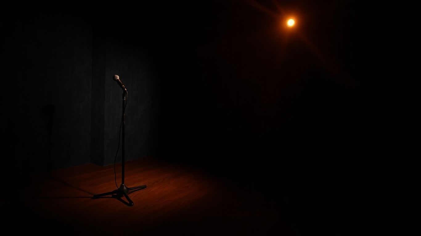 Comedy club stage with spotlight on microphone