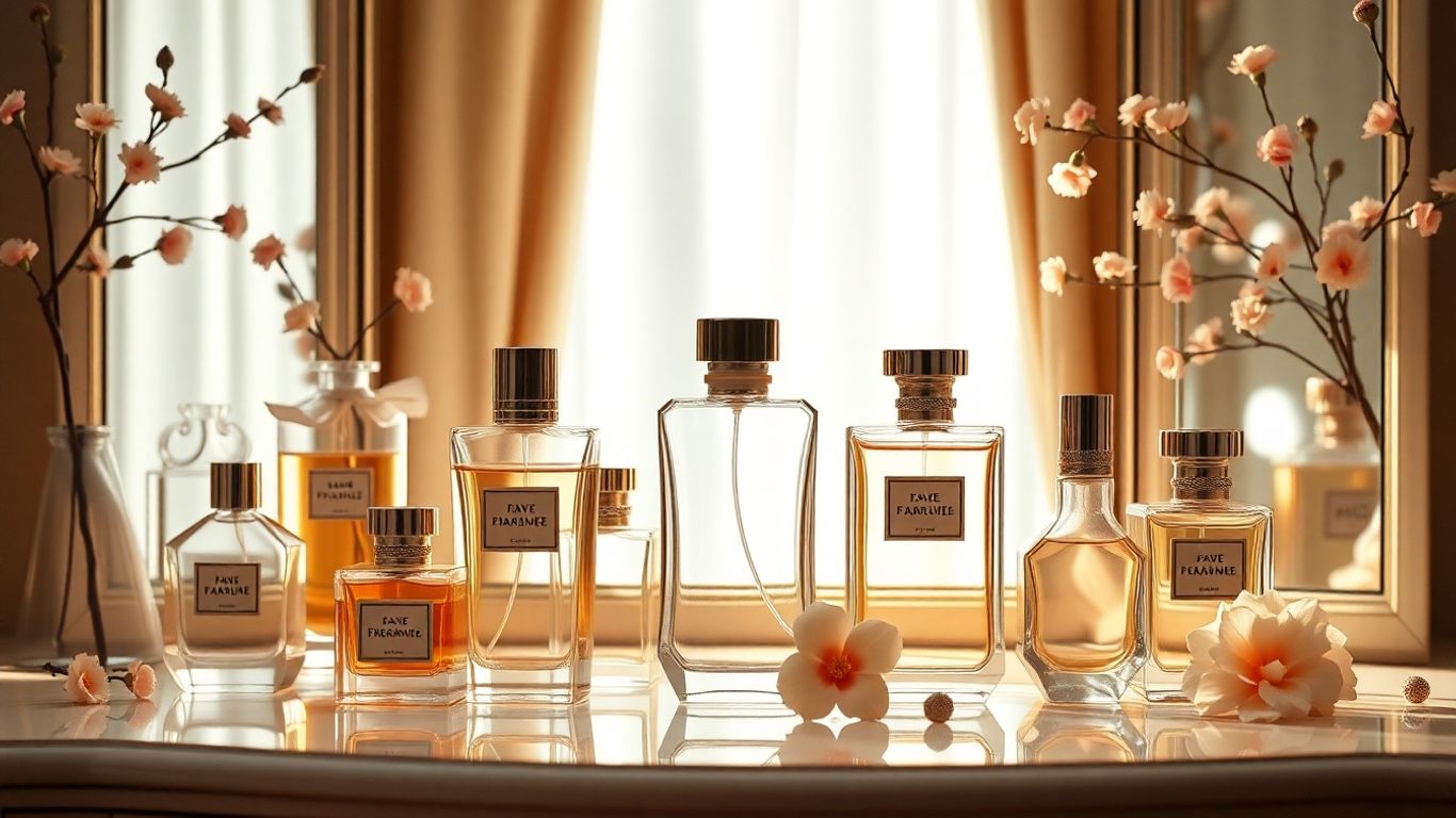 Elegant perfume bottles and flowers on a vanity.