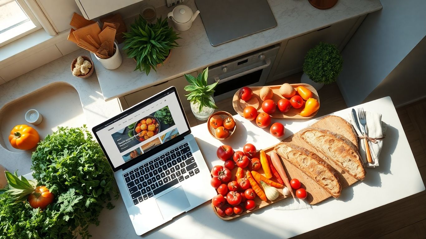 Food blogger's kitchen with ingredients and laptop.