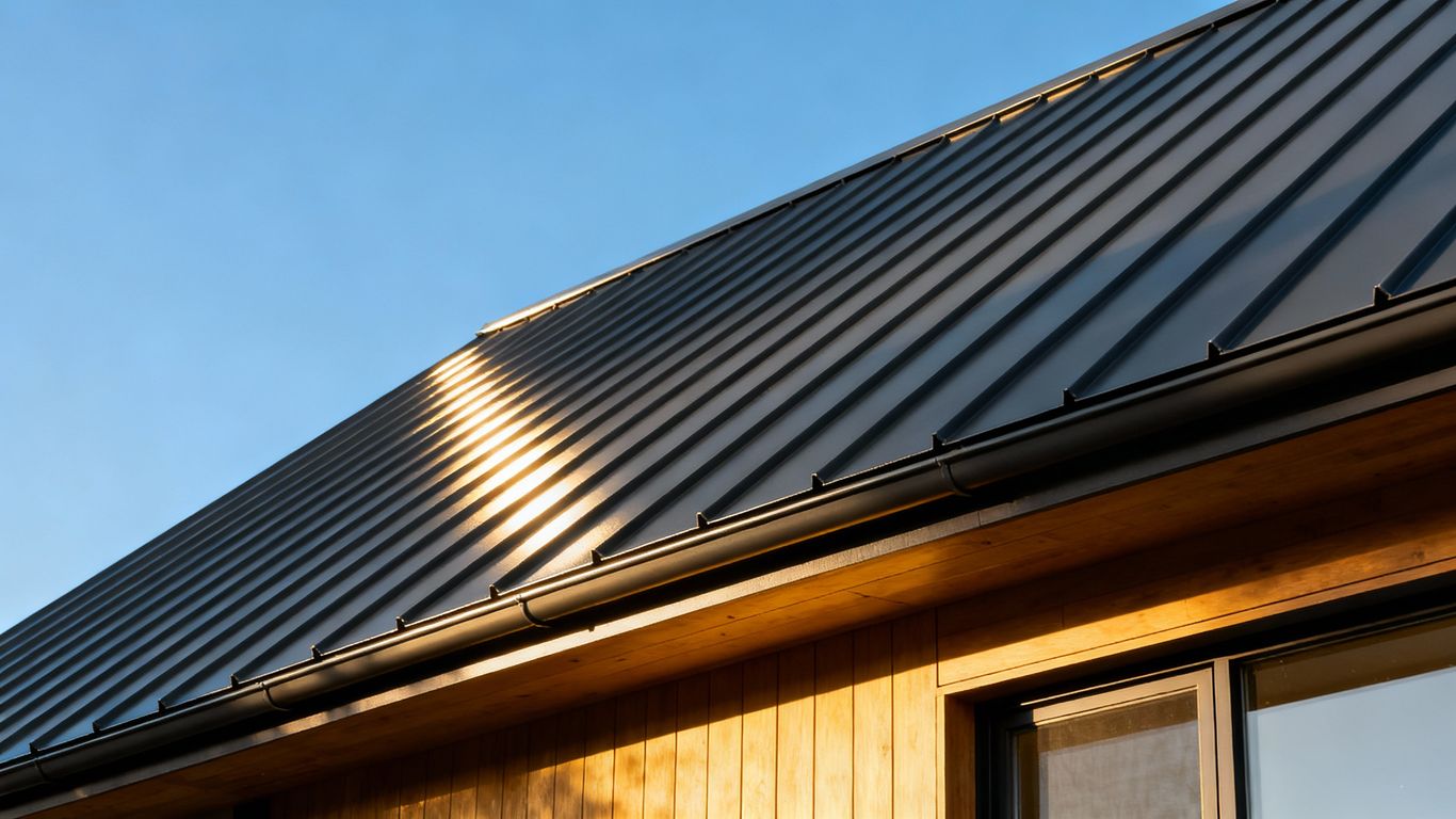 Modern home with dark gray standing seam metal roof.