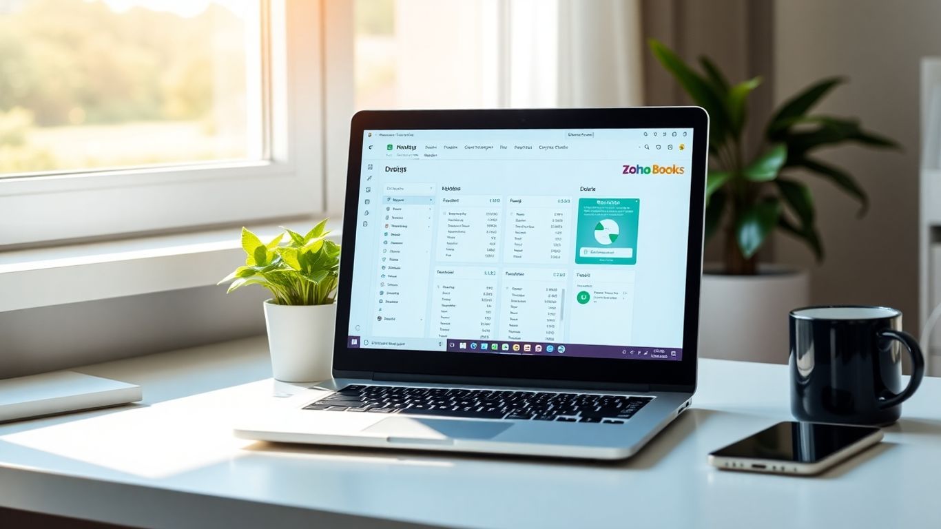 Zoho Books interface on a laptop on a desk.