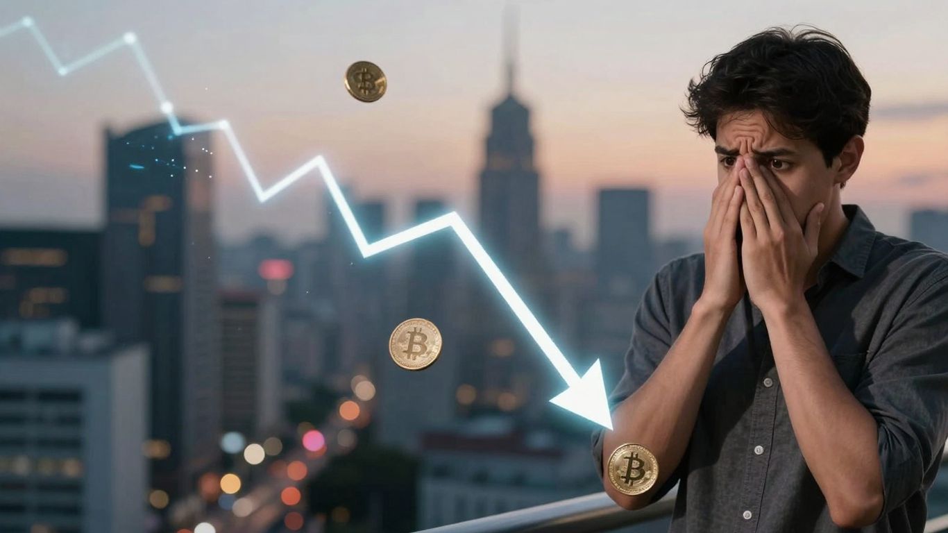 Crypto price drop with worried investor and falling coin.