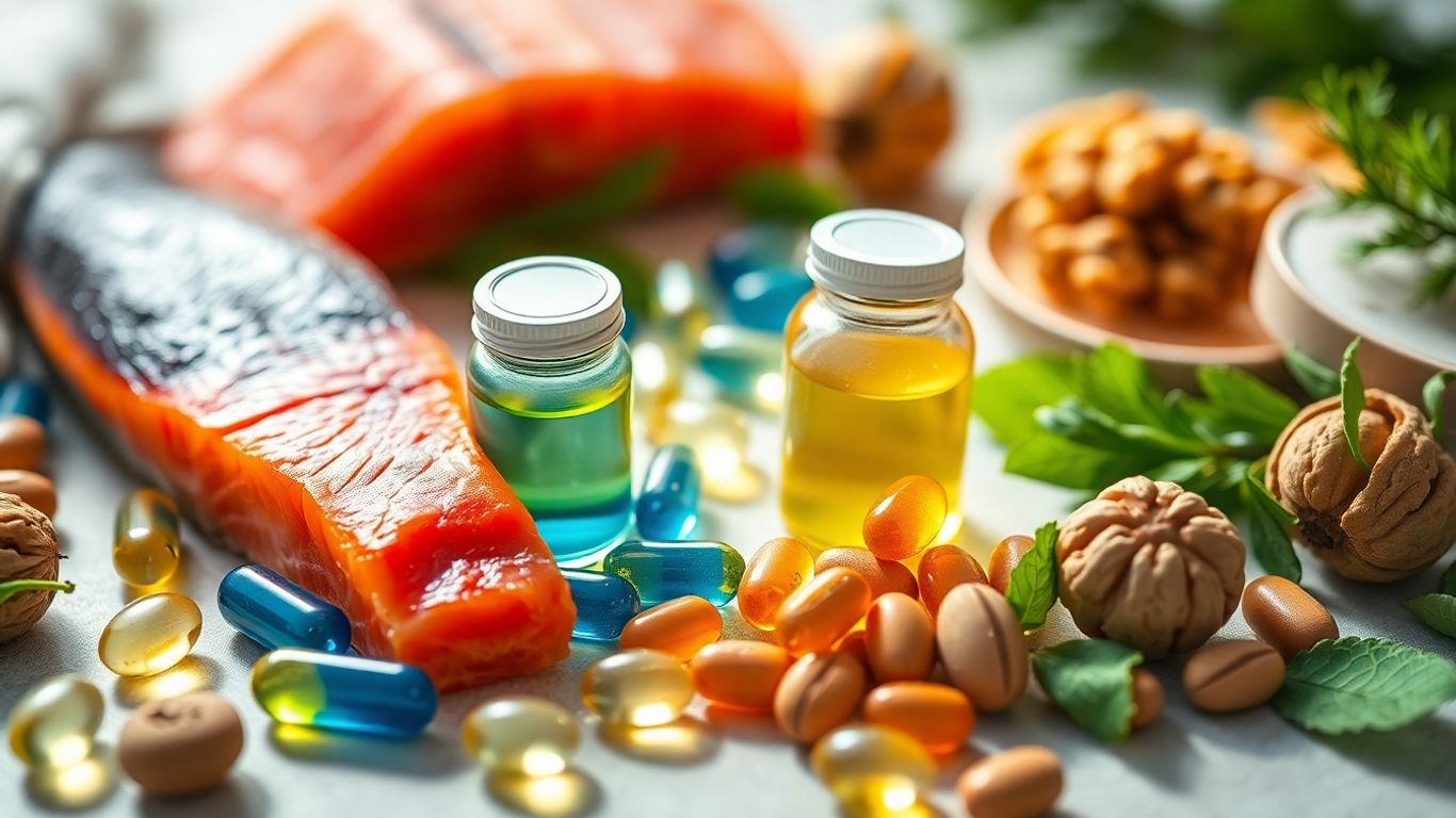 Omega-3 supplements and healthy foods for heart health.