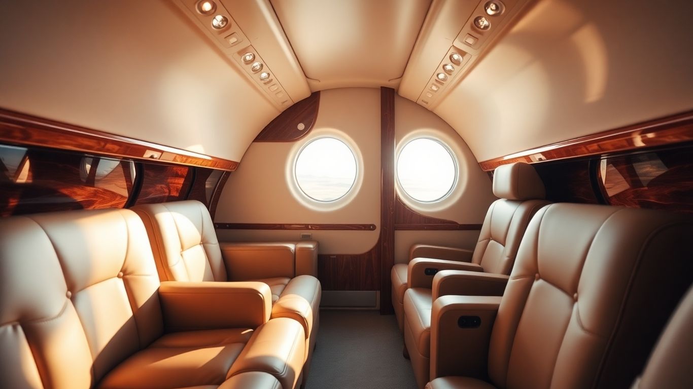 Interior of a luxurious private jet cabin.