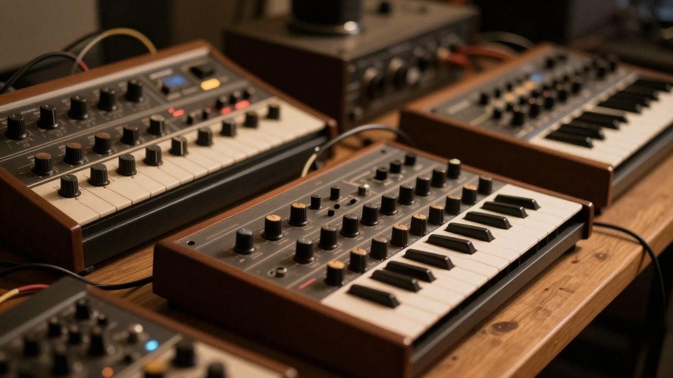 Vintage synthesizers and drum machines in a recording studio.