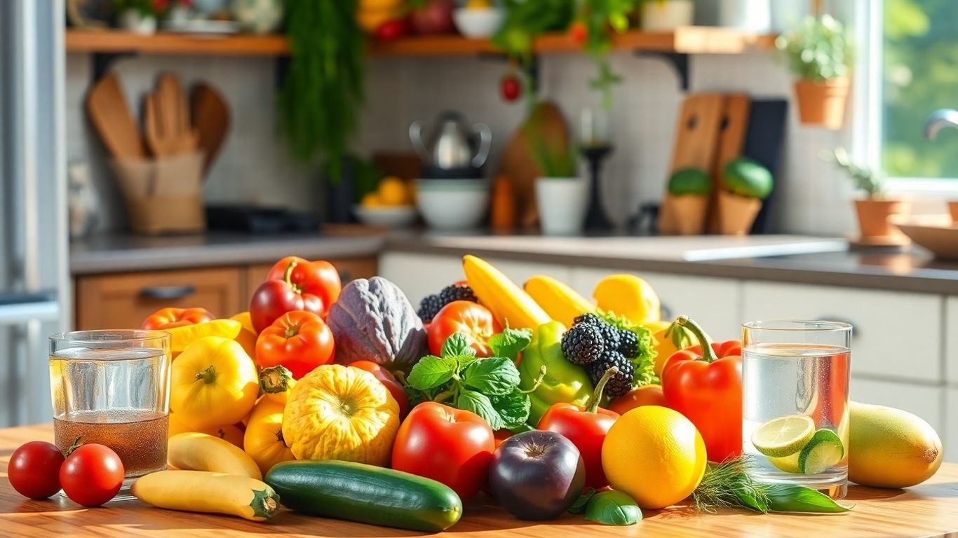 Colorful fruits and vegetables on a kitchen counter.