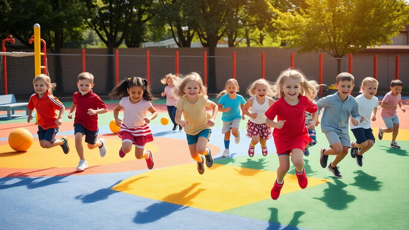 Grundschulkinder spielen verschiedene Sportarten auf einem sonnigen Spielplatz.