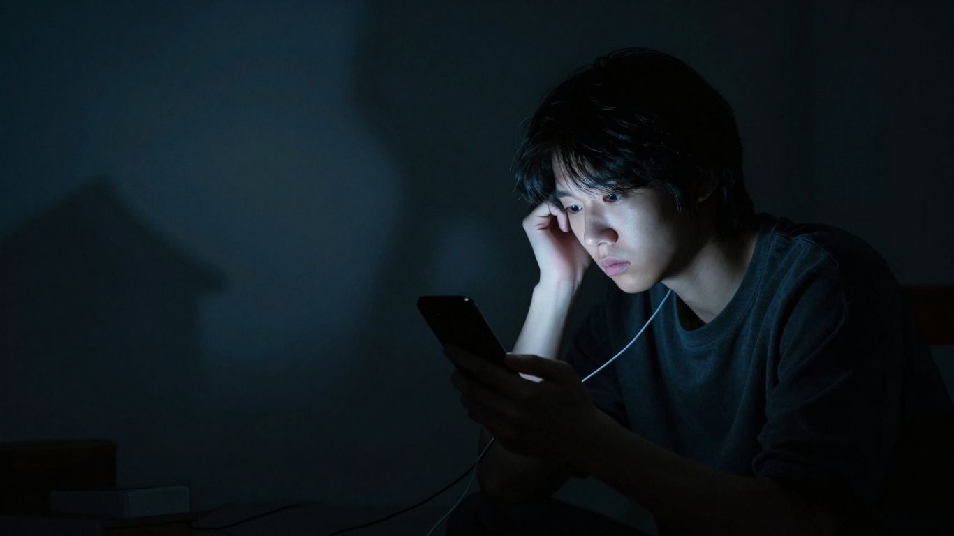 Worried person, disconnected phone, dark void, house silhouette.