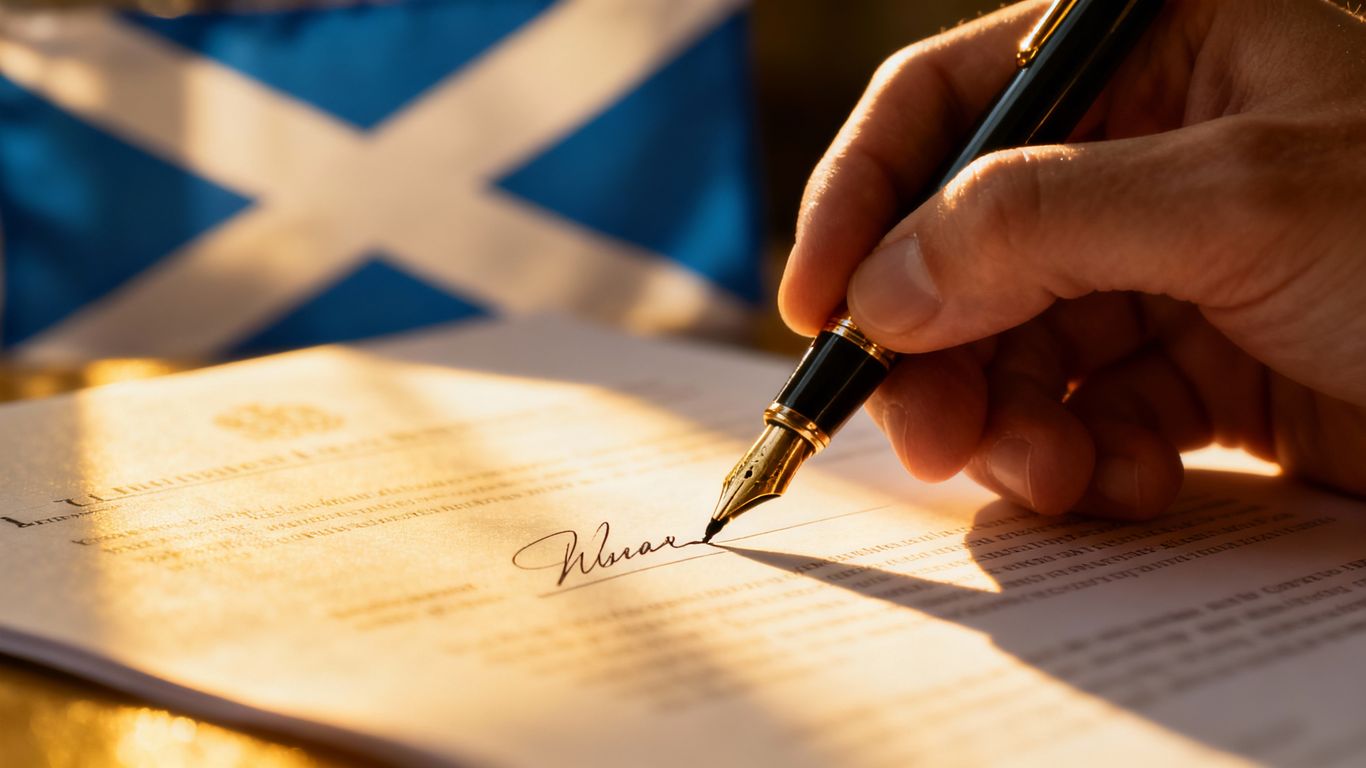 Signing a legal document with a Scottish flag in the background.